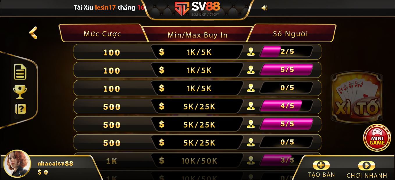 Sảnh game xì tố luôn đông đảo người chơi tại May88